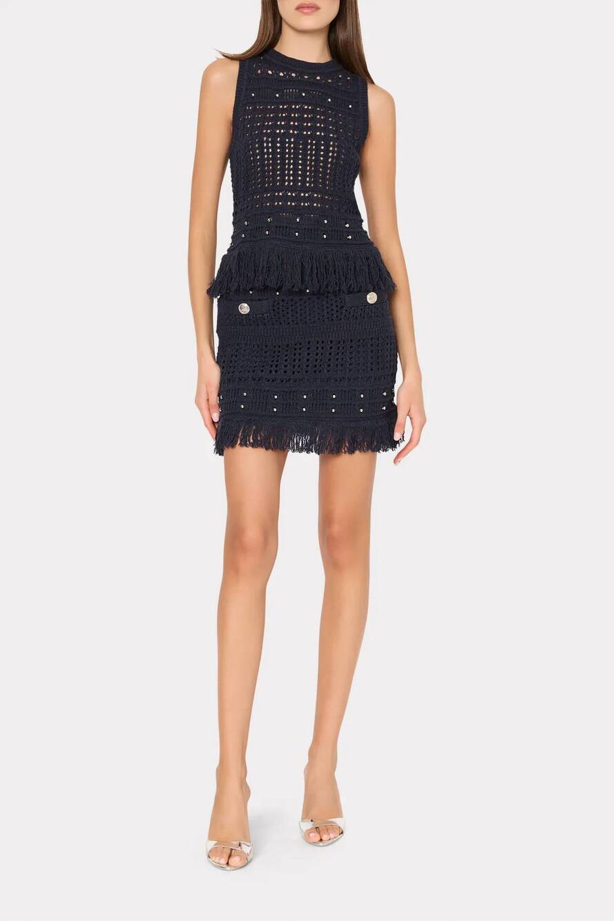 NEW MILLY women's beaded fringe shell top in navy